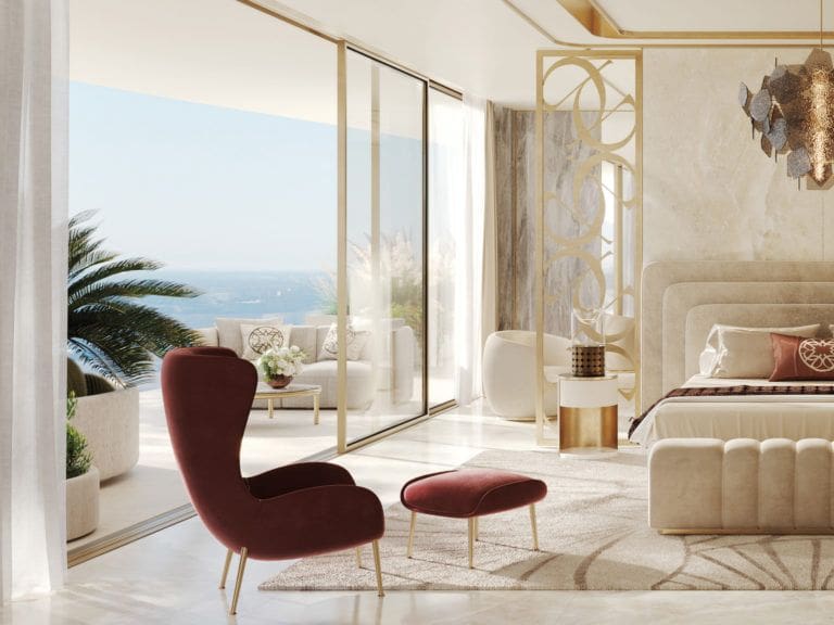 elie saab waterfront bedroom with balcony and sea view