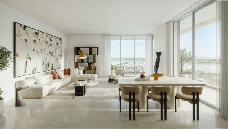 living room with dining table at muheira by modon