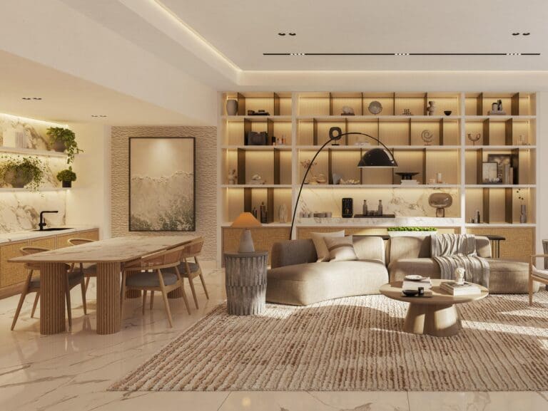 living room and dining room interior in fahid beach residences